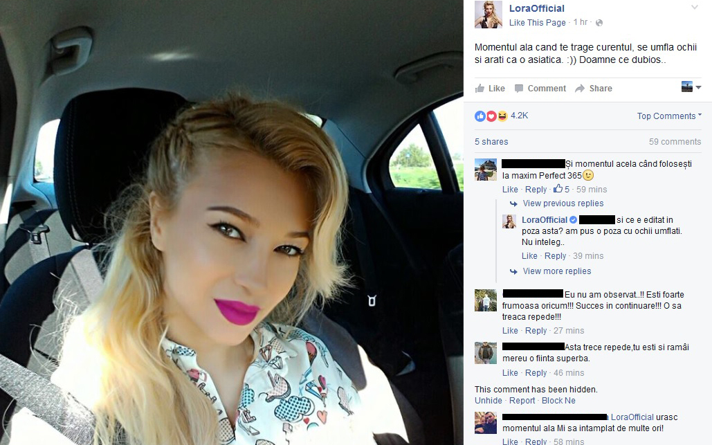 Cântăreaţa a fost criticată de fanii de pe Facebook, după ce a postat o fotografie în care apare cu ochii umflaţi