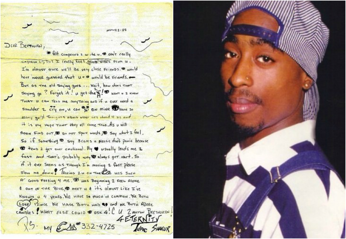 Scrisoarea redactată de către Tupac (stânga) a fost estimată la suma de 35.000 de dolari