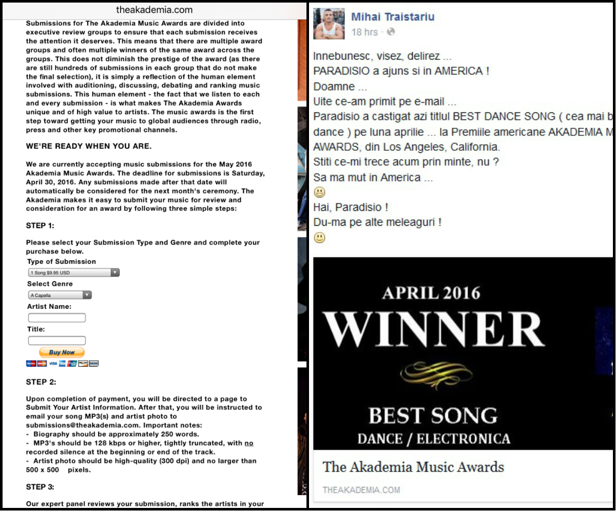 Site-ul care l-ar fi desemnat pe Mihai Trăistariu drept câştigător n-ar fi altceva decât o pagină plătită (stânga)