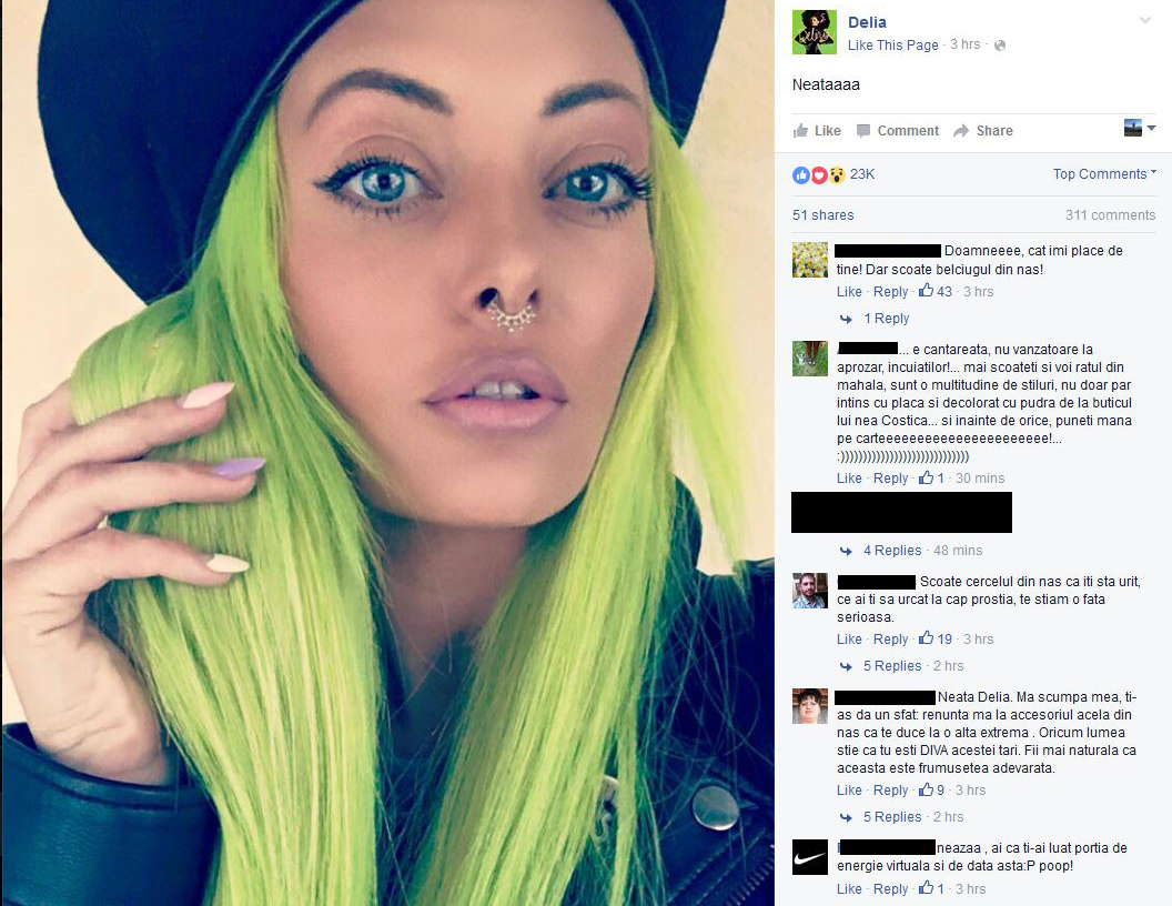Delia şi-a pus un cercel în nas, însă fanii nu au fost prea încântaţi