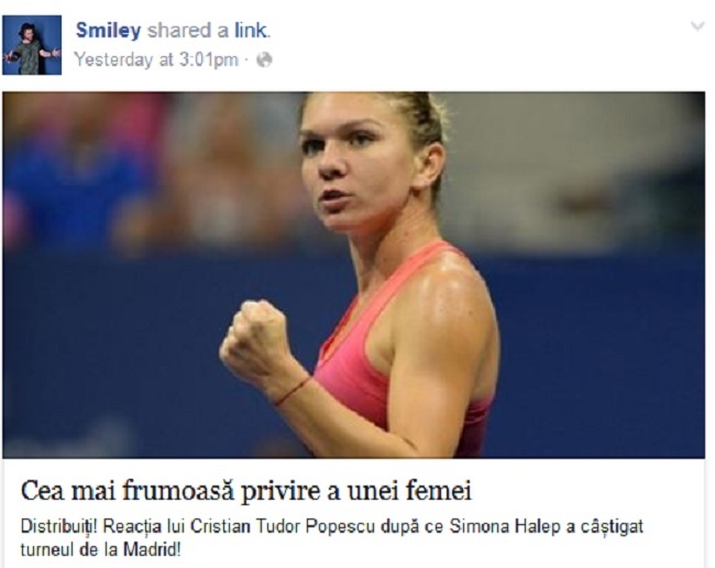 Smiley a postat un articol cu Simona Halep, după ce a câştigat turneul de la Madrid.