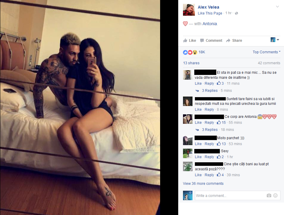 Fotografia postată de către Alex Velea, în pat cu iubita sa, Antonia, a strâns peste 20 de mii de „Like“-uri, iar numărul acestora este în creştere