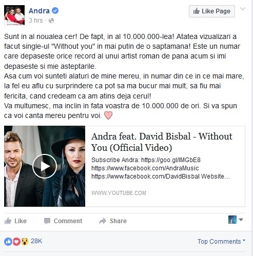 Postarea Andrei din această dimineaţă a strâns aproape 30 de mii de aprecieri din partea fanilor de pe Facebook