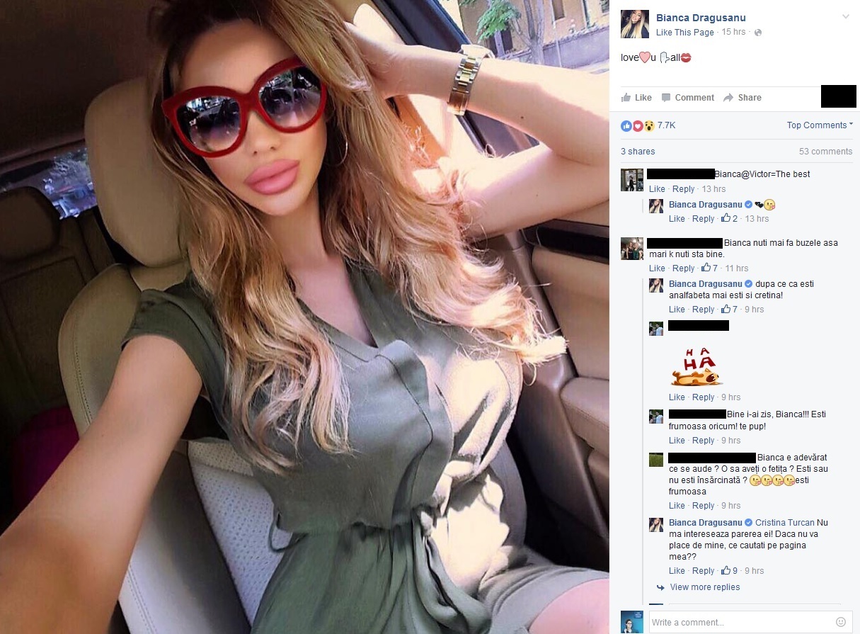 Bianca Drăguşanu a avut o ieşire nervoasă pe Faceook şi i-a lăsat câteva comentarii răutăcioase unei internaute