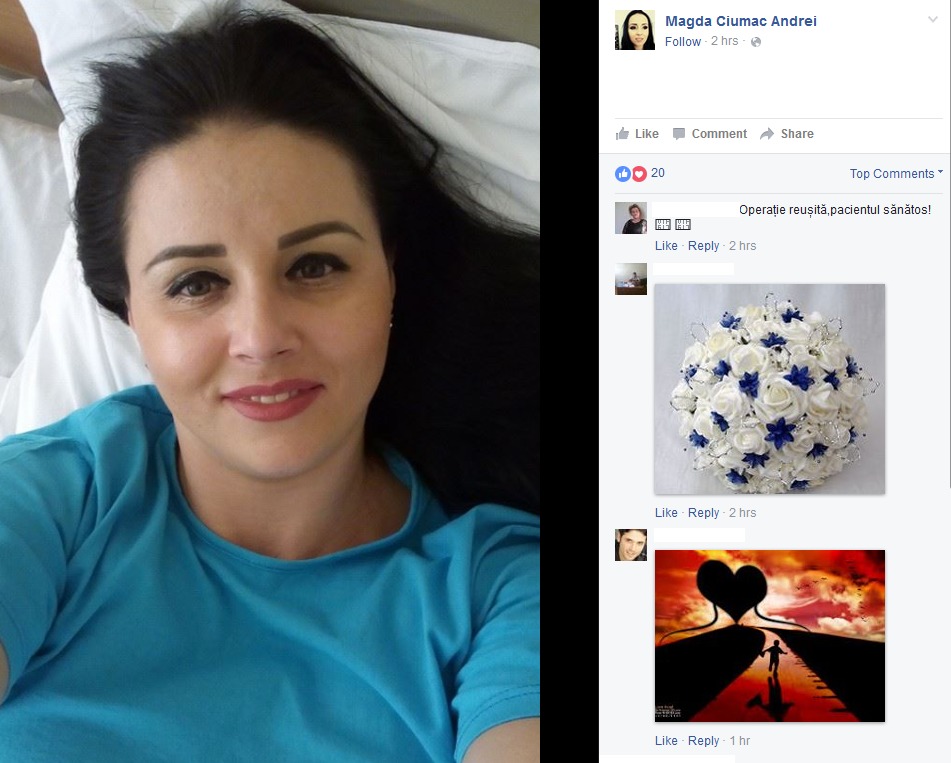 Magda Ciumac a postat această fotografie de pe patul de spital, înainte de-a fi supusă unei operaţii