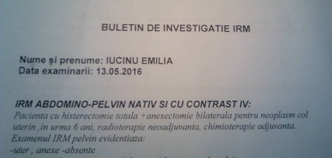 Emilia a scanat buletinul de investigaţie la IRM.