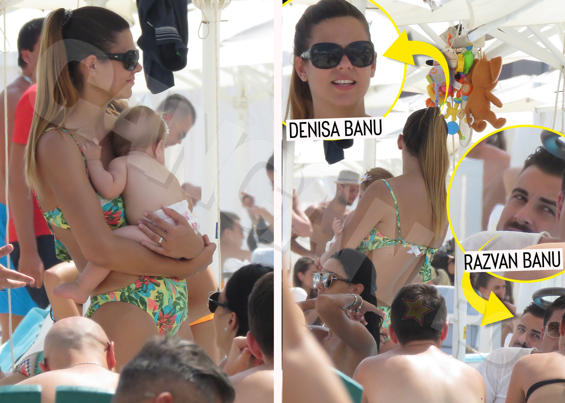 Denisa Tănase îşi ţinea fetiţa în braţe, în timp ce soţul ei stătea întins pe şezlong.
