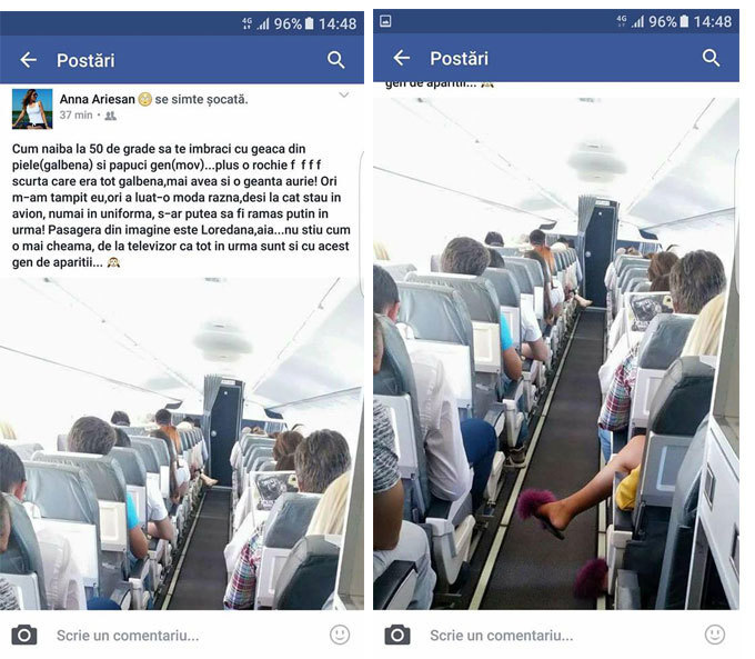 Stewardesa a pozat-o pe blondă şi a comentat la adresa ei. În imagine se vede că Lore are papuci mov, iar acest lucru i-a displăcut angajatei TAROM