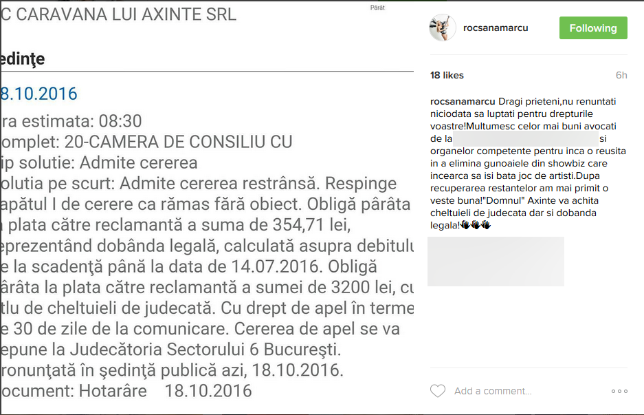 Rocsana a câştigat în instanţă.
