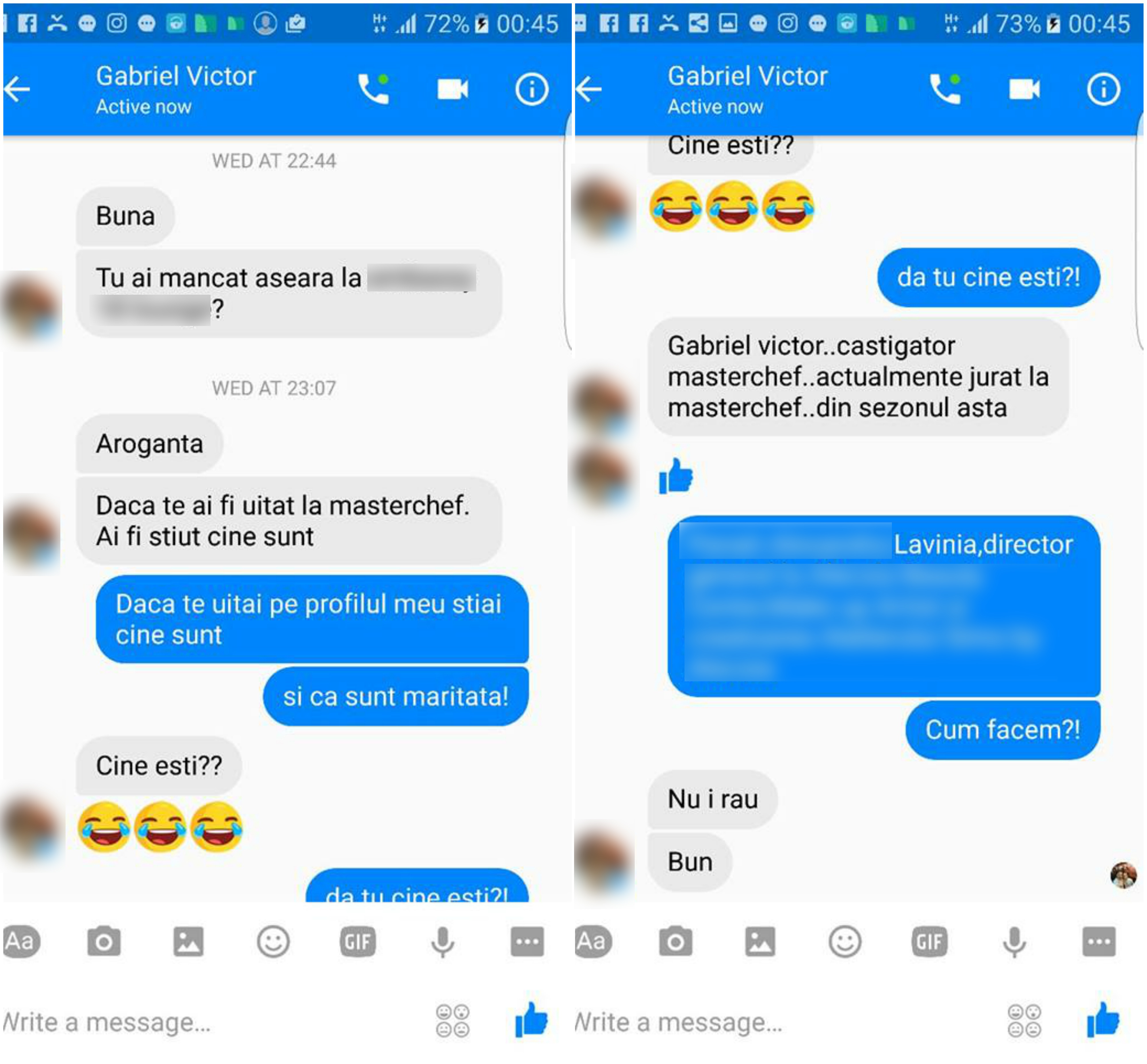 Discuţia dintre cei doi a fost postată de Lavinia pe contul ei de facebook.