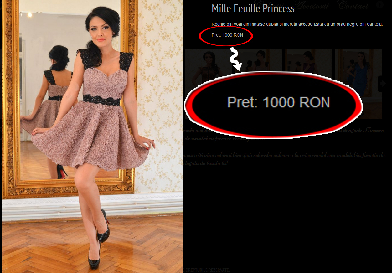 Andreea sustine ca rochia a costat 400 de euro in timp ce, pe site-ul firmei producatoare a carei imagine este Andreea Mantea, figureaza cu pretul de 1.000 de lei