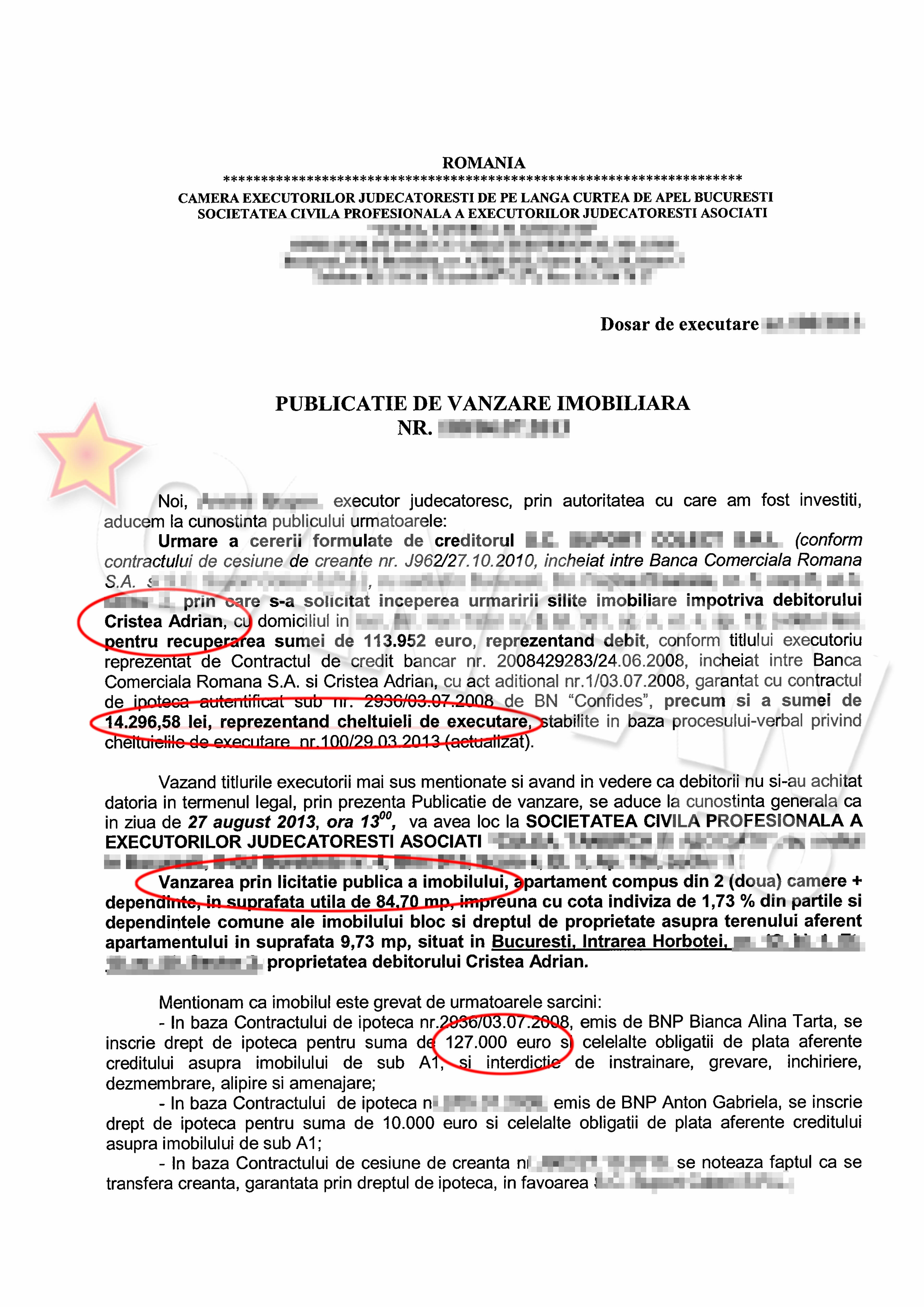 Pe 27 august, apartamentul lui Cristea va fi scos la vanzare pentru recuperarea unei datorii de aproape 114.000 de euro