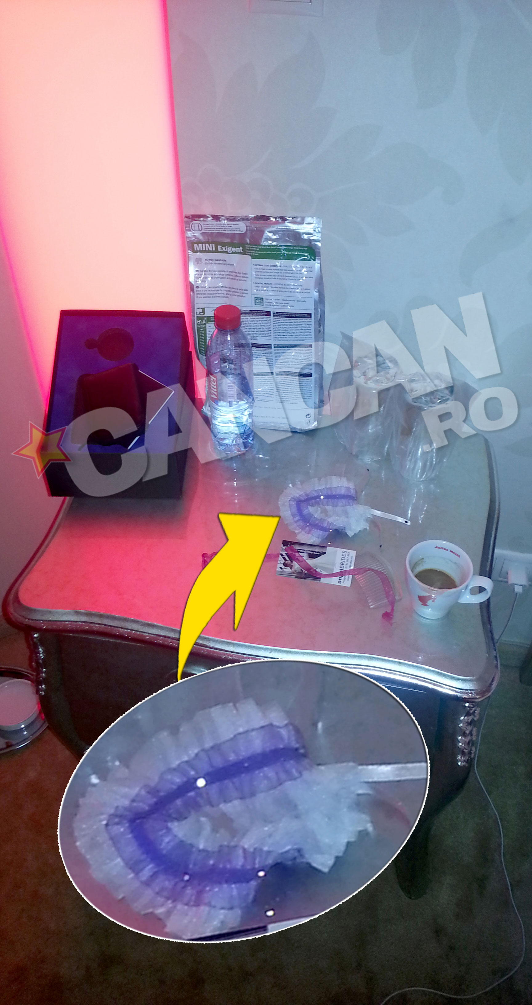 Pe noptiera de langa pat trona, alaturi de cafea si apa plata, jarteaua Biancai