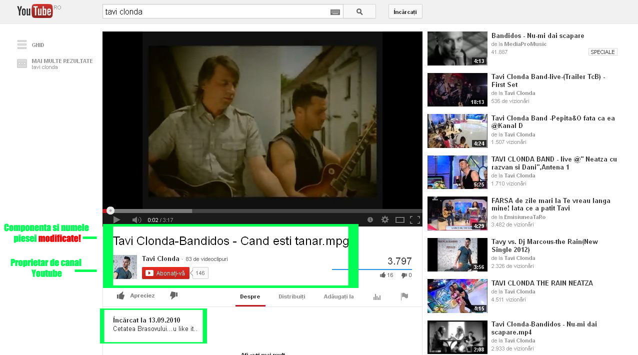 Asa arata aceeasi piesa, dar cu denumirea si titulatura schimbate, pe canalul oficial al lui Tavi Clonda incarcat in data de 13 noiembrie 2010