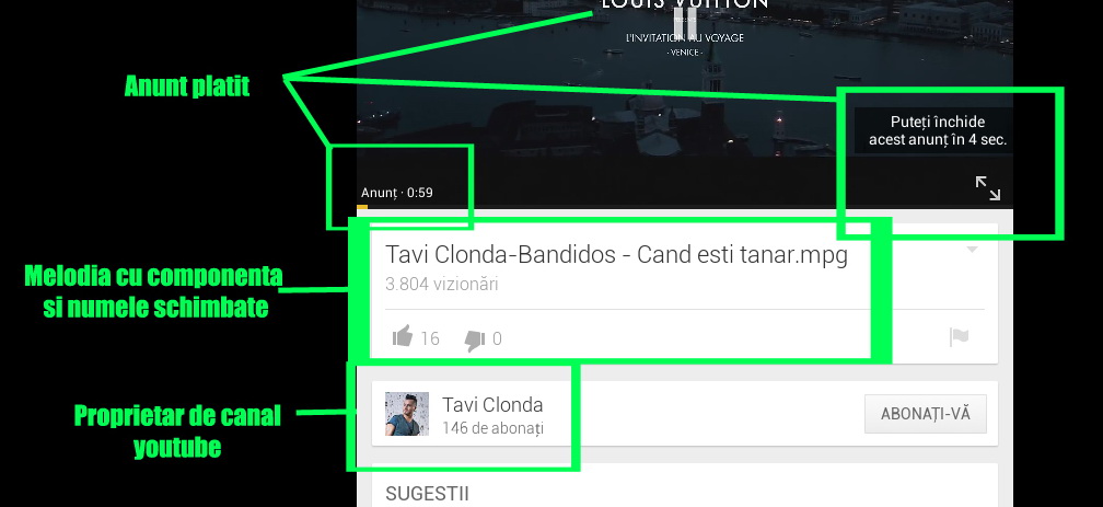 Un print-screen al piesei cu numele si titulatura schimbate, pe canalul oficial al lui Tavi Clonda, demonstreaza ca s-a platit inainte o reclama pentru a fi atasata melodiei in cauza!