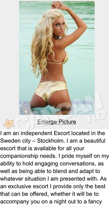 Loredana este prezentata ca o escorta independenta din Stokholm