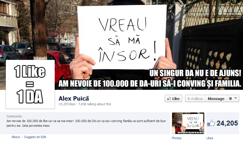 Alex Puica vrea sa stranga 100.000 de LIKE, ca sa castige admiratia viitorilor sai socri