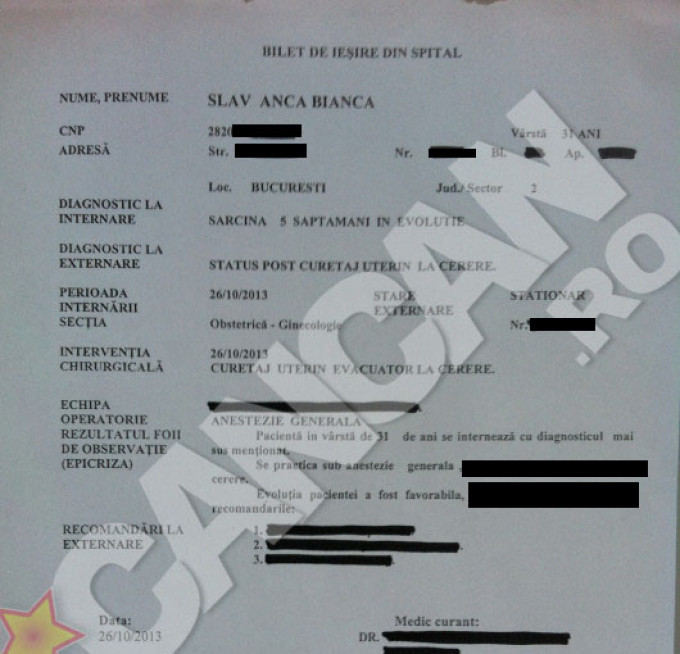 In luna octombrie, Cancan.ro a publicat in exclusivitate fisa de externare a Biancai de la clinica in care a facut avort