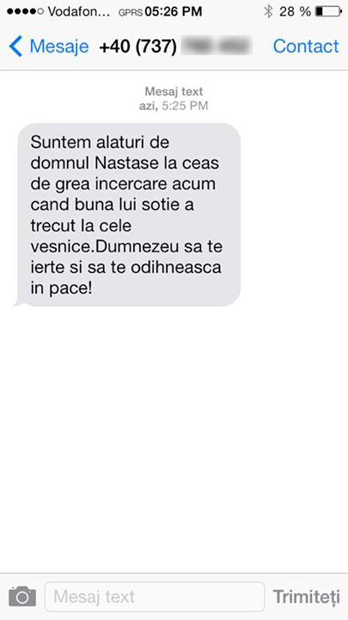 Acesta este SMS-ul primit de Brigitte vineri, de ziua ei