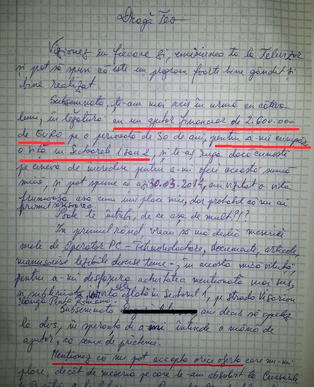 Aceata este scrisoarea primita de Teo zilele trecute