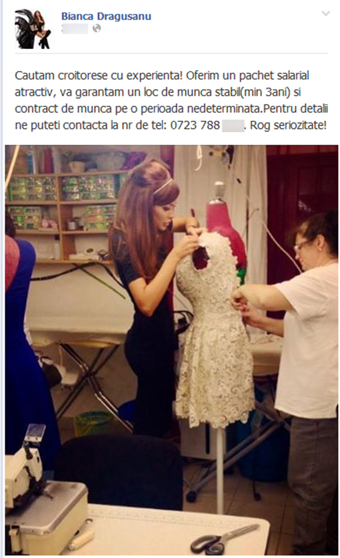 Bianca a anuntat prima ca are nevoie de croitorese la atelier