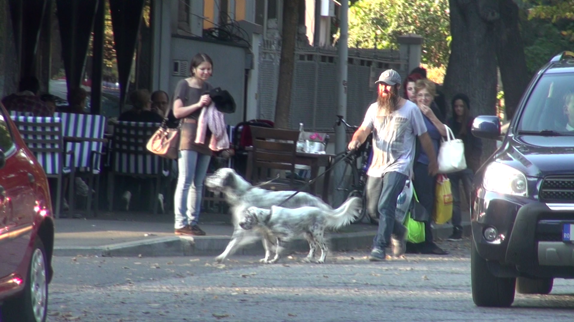 O tanara se uita cu admiratie la cei doi caini
