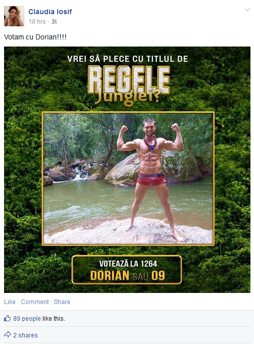 Cat timp Dorian Popa este in jungla, Claudia il sustine cu ardoare de acasa