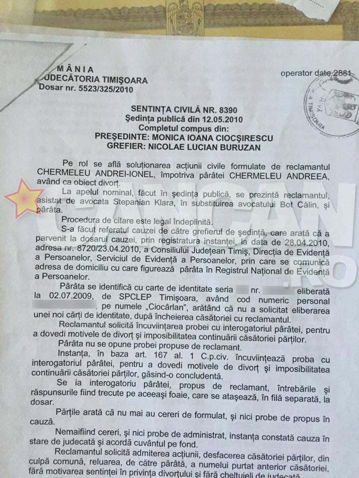 Actul care demonstreaza cand a divortat Andrei