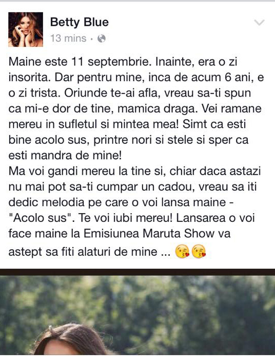 Mesajul postat de Betty pe Instagram