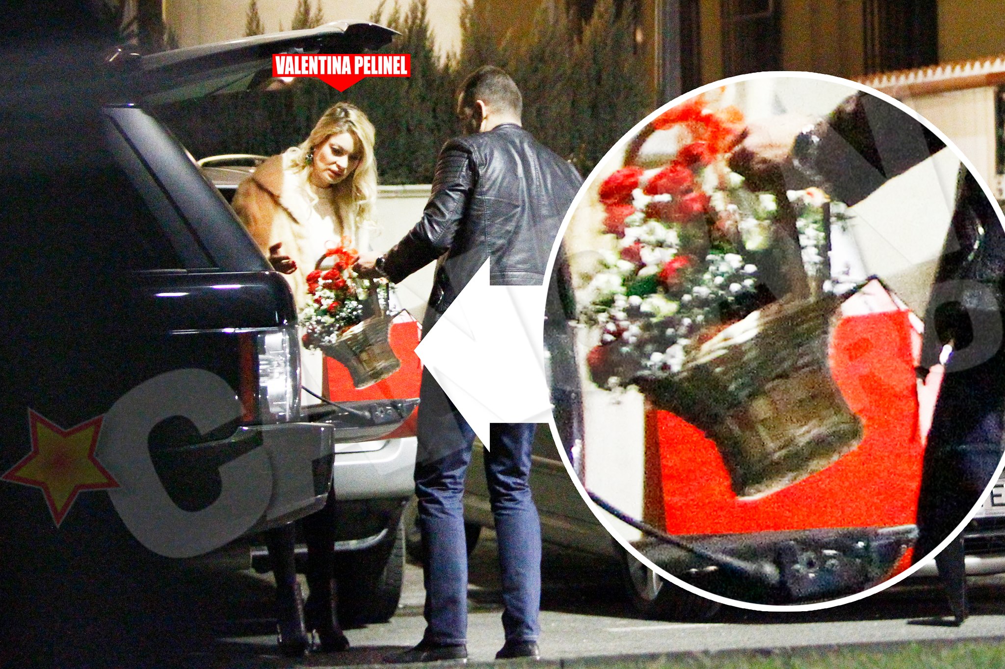 Soferul ii da din portbagaj cosul cu flori si cadoul pentru prietena ei