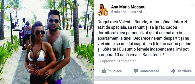 Ana a facut public pe reteaua de socializare un mesaj dur la adresa fostului iubit. Dupa doar cateva minute, aceasta l-a sters imediat.