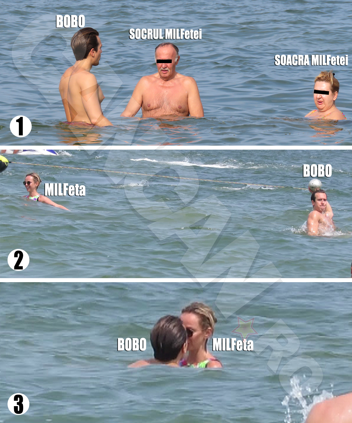 Bobo s-a bălăcit în apă cu părinţii (1) fără s-o aibă aproape pe Iulia, care a ţinut distanţa ”regulamentară”(2). Numai după ce zona a fost eliberată de socrii, MILF-eta şi-a făcut de cap, în valuri, cu ”puiuţul” Bobo.