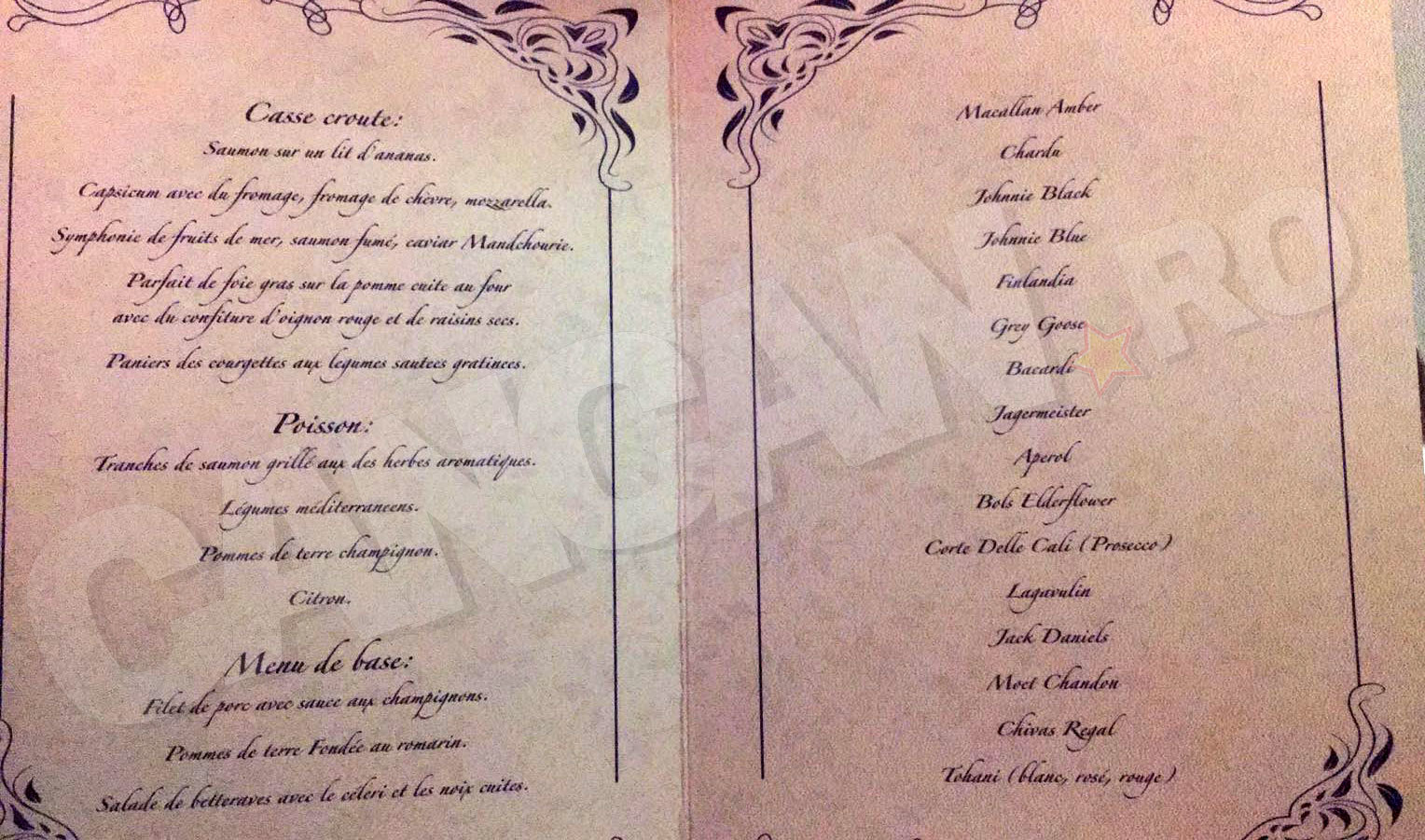 Aşa arăta sofisticatul meniu compus din trei capitole şi 11 feluri. Totul în franceză.