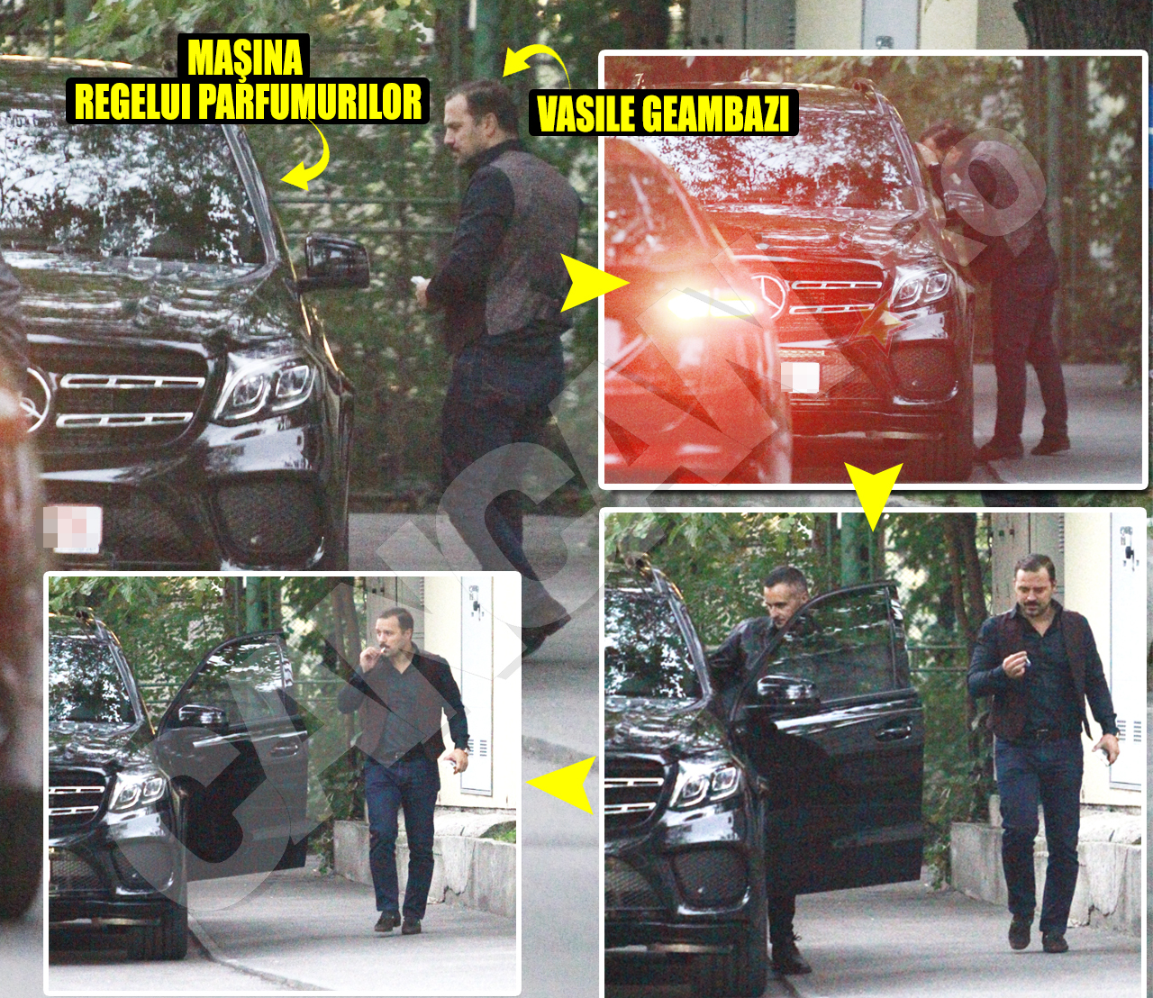 După ce a aruncat o privire în interiorul Mercedesului GLS, Vasile Geambazi s-a retras stânjenit de lângă maşină în momentul în care a apărut şoferul ”Regelui parfumurilor”