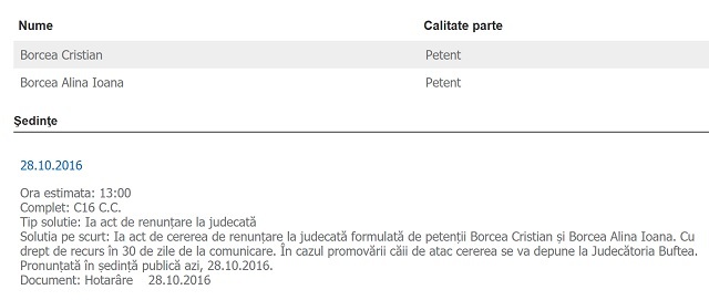 Cristi şi Alina Borcea au depus câte o cerere de renunţare la procesul de divorţ.