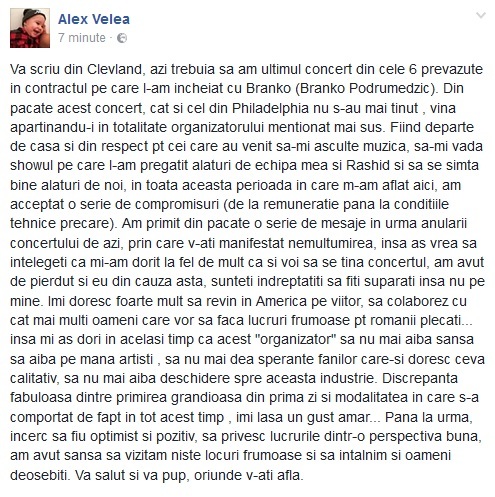 Anunţul făcut de Alex Velea