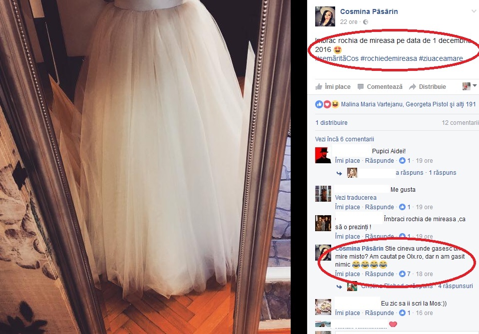 Cosmina Păsărin va îmbrăca rochia de mireasă
