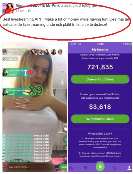 Anunţul Monică Gabor prin care confirmă faptul că banii virtuali se transformă în dolari adevăraţi.