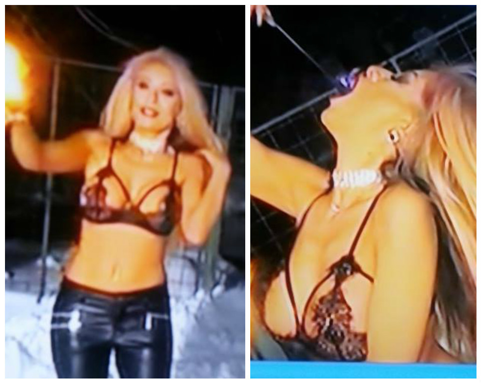 Sexy-fachira a înghiţit flăcări dezbrăcată.