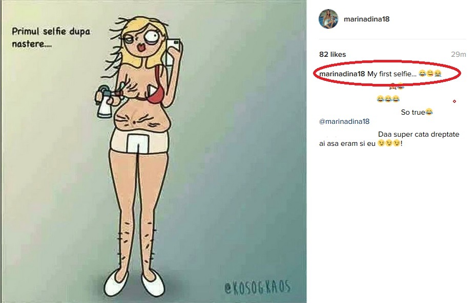 Caricatura postată de Marina Dina şi în care susţine că se regăseşte după naşterea gemenilor