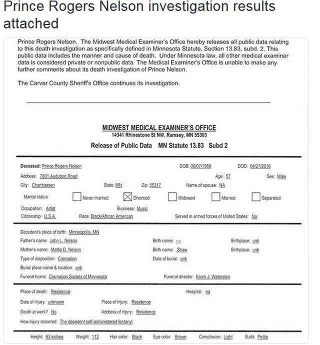 Aşa arată autopsia lui Prince 