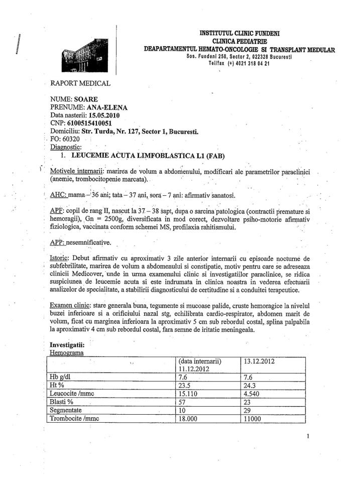 Fisele medicale ale fetitei contin un diagnostic tulburator- leucemie