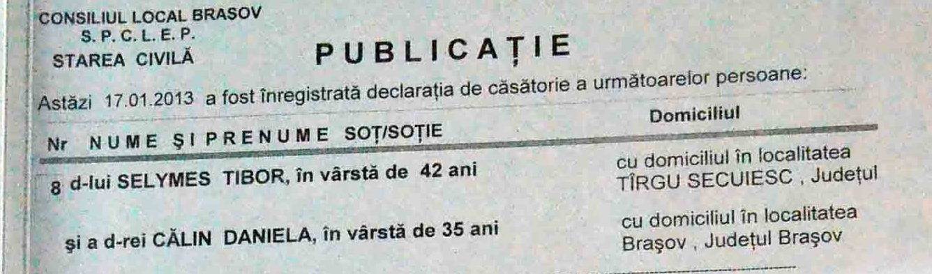 Cununia lui Selymes cu Daniela a avut loc la Brasov pe 17 ianuarie