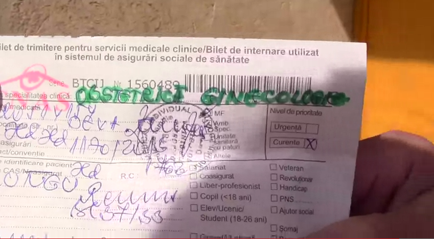 Biletul de trimitere la ginecologie pe care l-a primit pensionarul(foto:youtube)