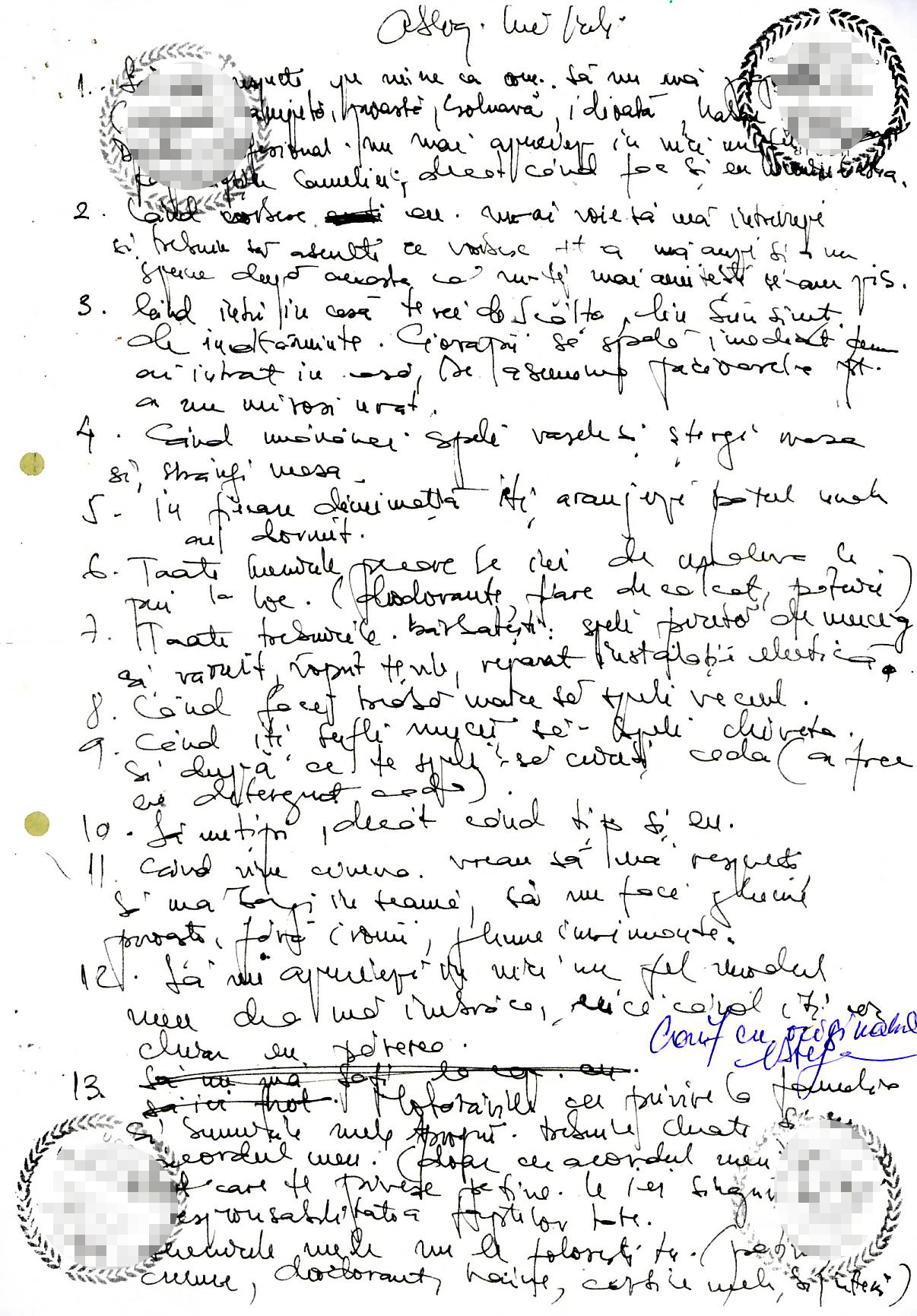 Lista cu obligatii, scrisa de mana si semnata de ambii soti, se intinde pe trei file