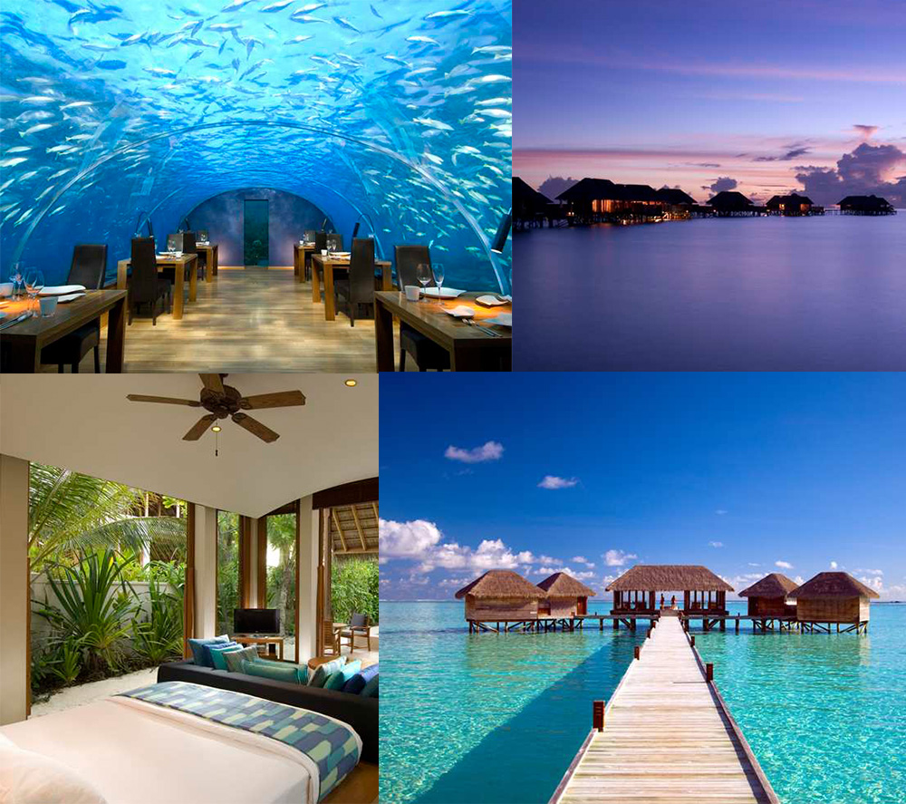 Resort Conrad Maldives, Rangali Island - o noapte aici costa cel putin 1000. Iar daca tot ajungi aici, trebuie sa mergi la restaurantul de sub ocean, unde o masa te costa cel putin inca atat!
