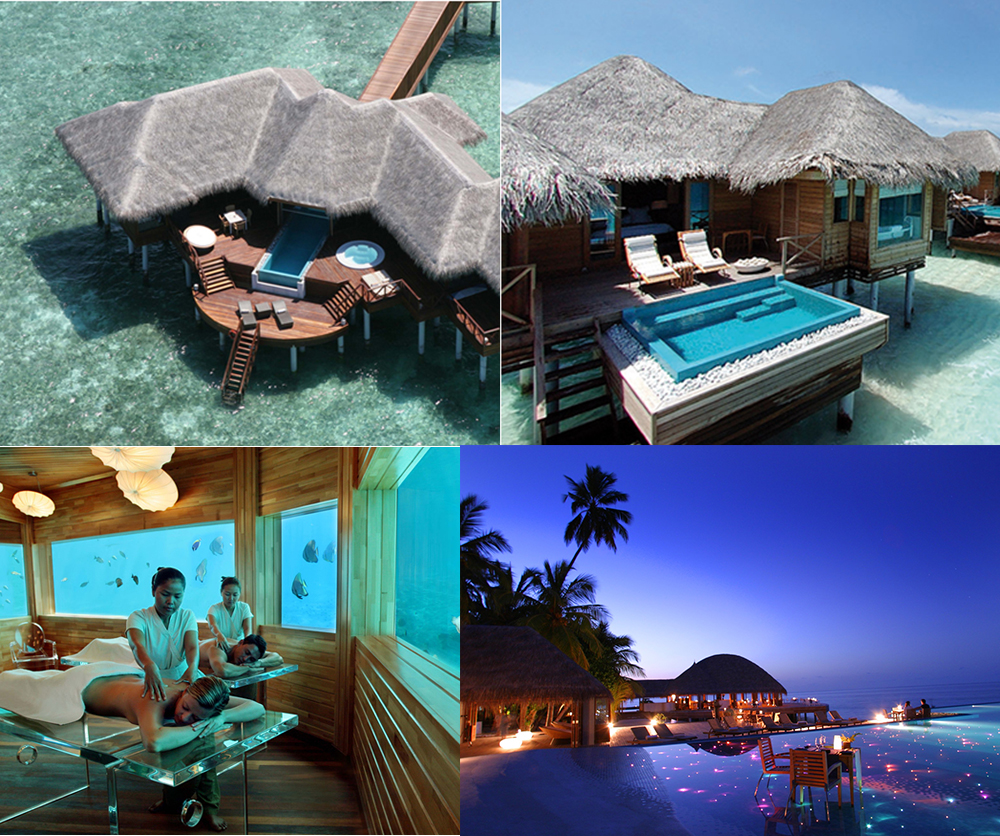 O noapte intr-unul din paturile resortului Huvafen Fushi Luxury costa de la 1.400 de dolari. Locul este renumit pentru serviciile spa, din mijlocul oceanului