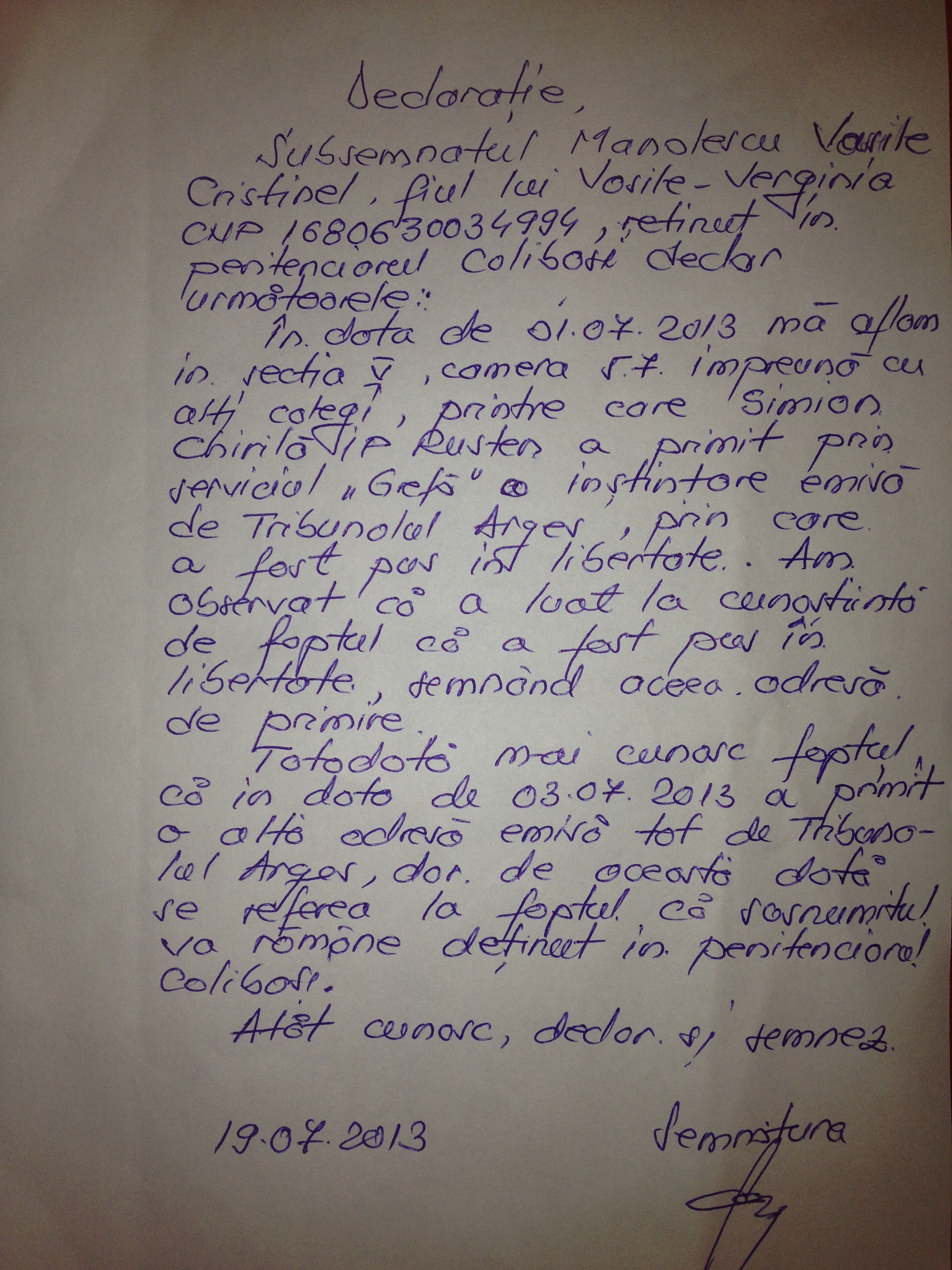 Declaratia martorului care a vazut minuta de eliberare a lui Rustem