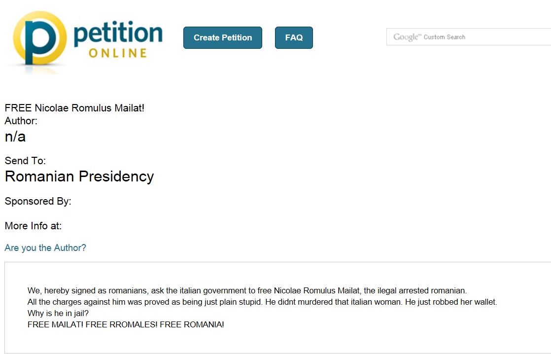 Petitia prin care se cere eliberarea lui Mailat