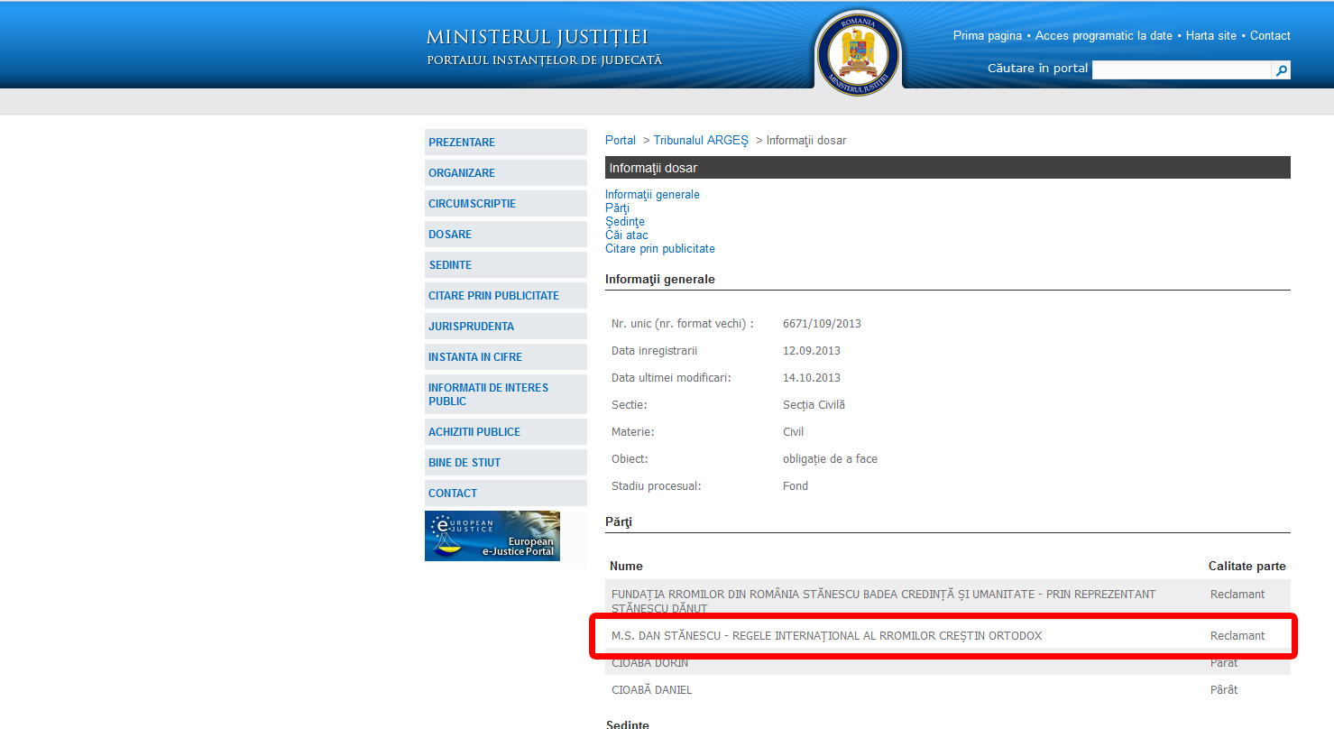 Asa figureaza Stanescu pe site-ul Tribunalului Arges